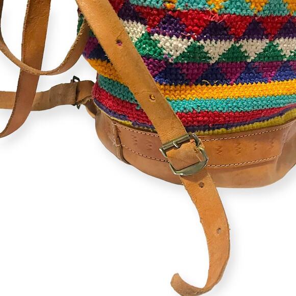Vintage 90s Traditional Ethnic Leather Knit Drawstring Bucket Bag Multi Unisex - Picture 7 of 10